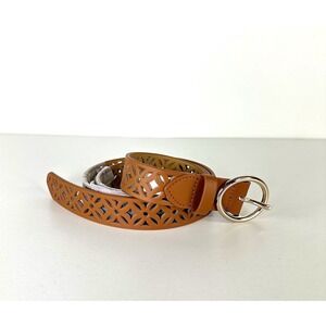 NWT Talbots Perforated Cutouts Brown Leather Belt Gold Color Hardware Women's  L